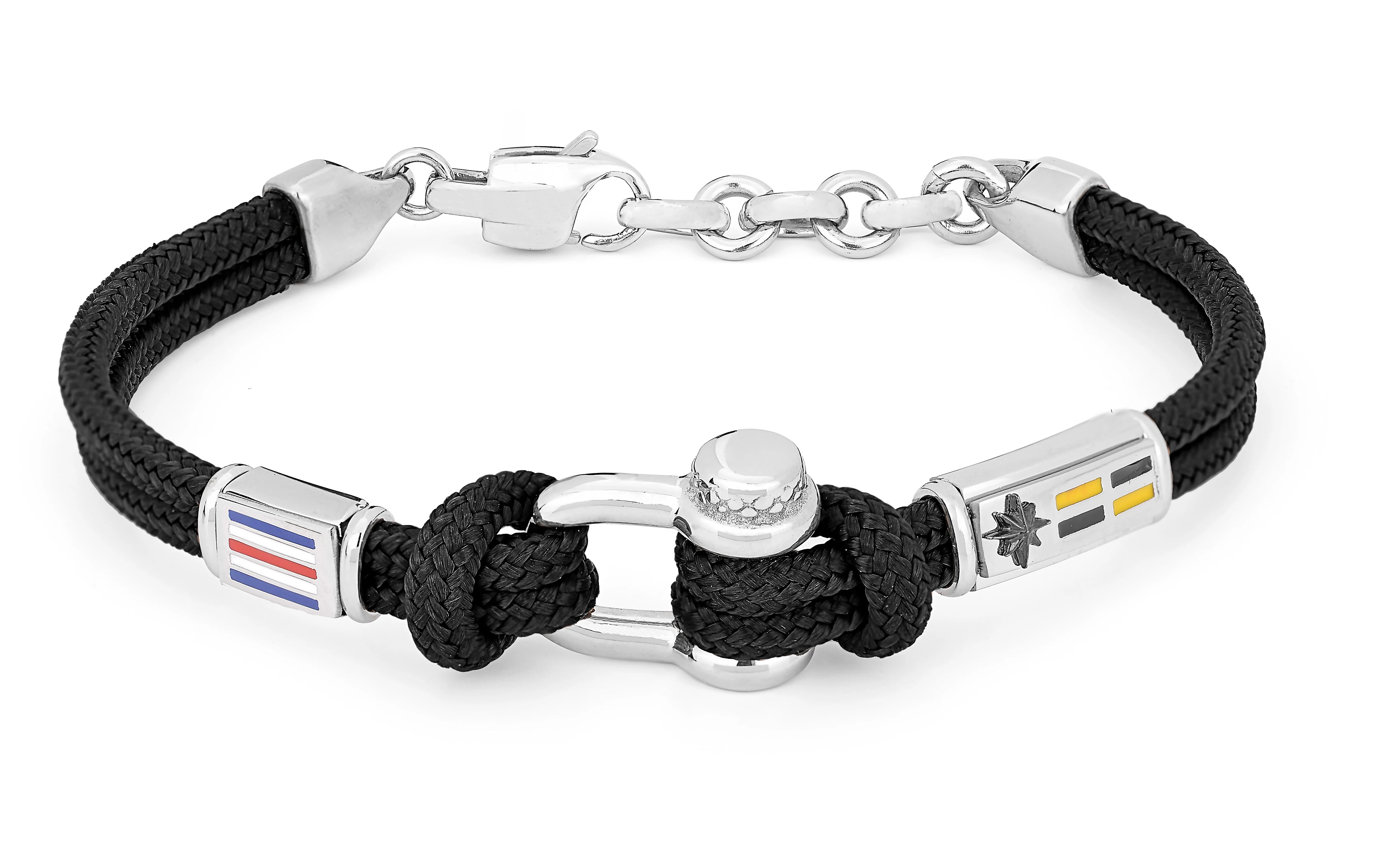 Stainless steel bracelet and black nautical rope with semi-finished "Grillo" and enameled flags