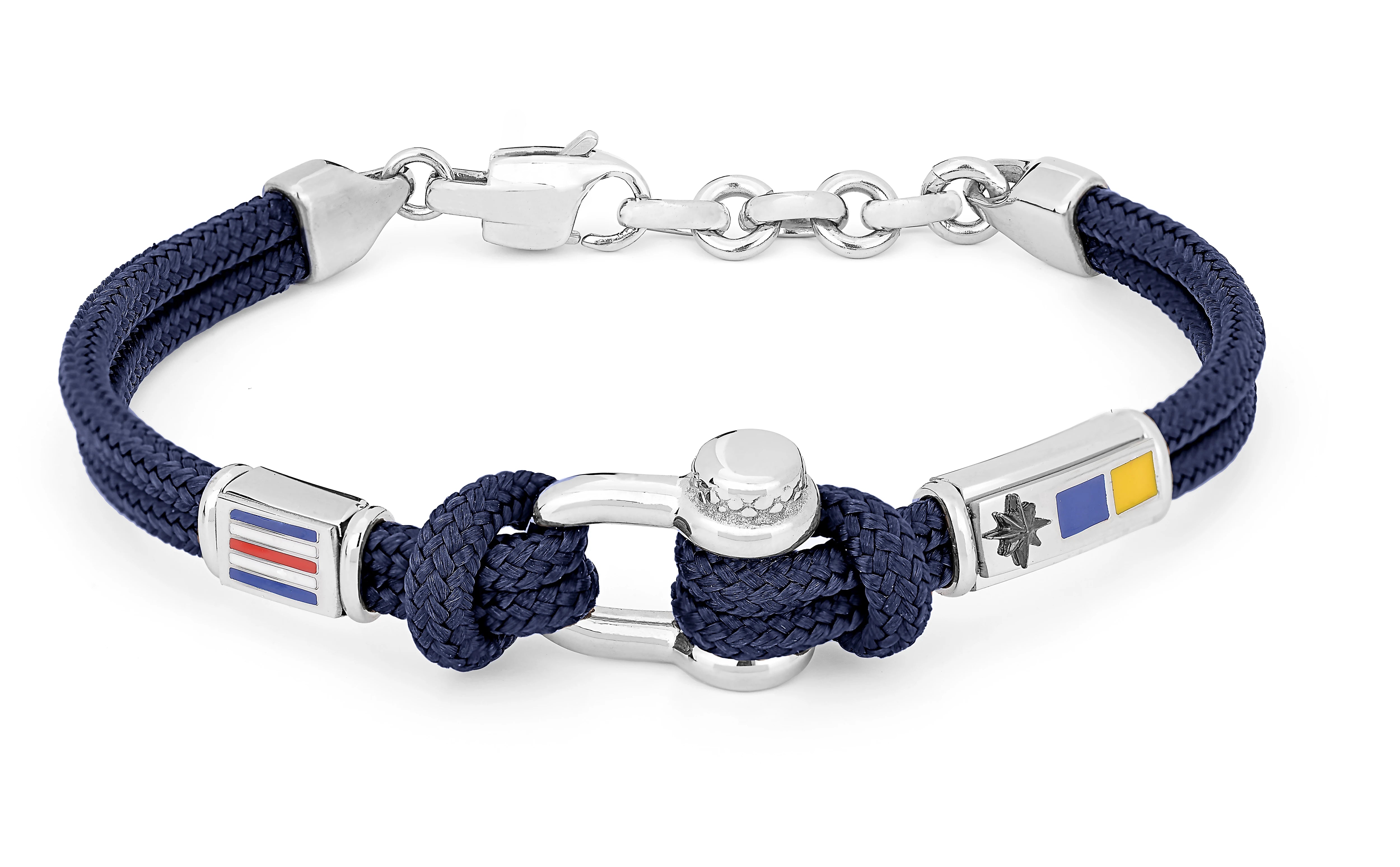 Stainless steel bracelet and blue nautical rope with semi-finished "Grillo" and enameled flags