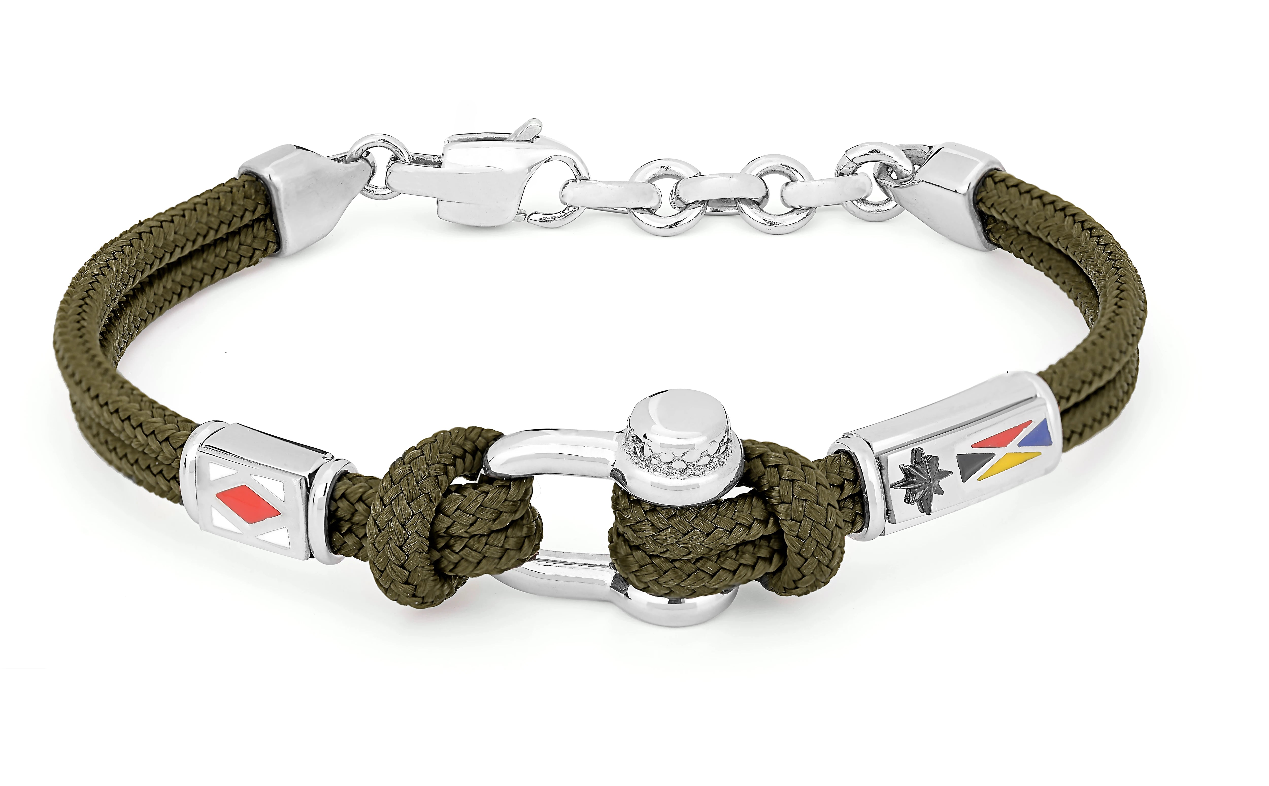 Stainless steel bracelet and military green nautical rope with semi-finished "Grillo" and enameled flags