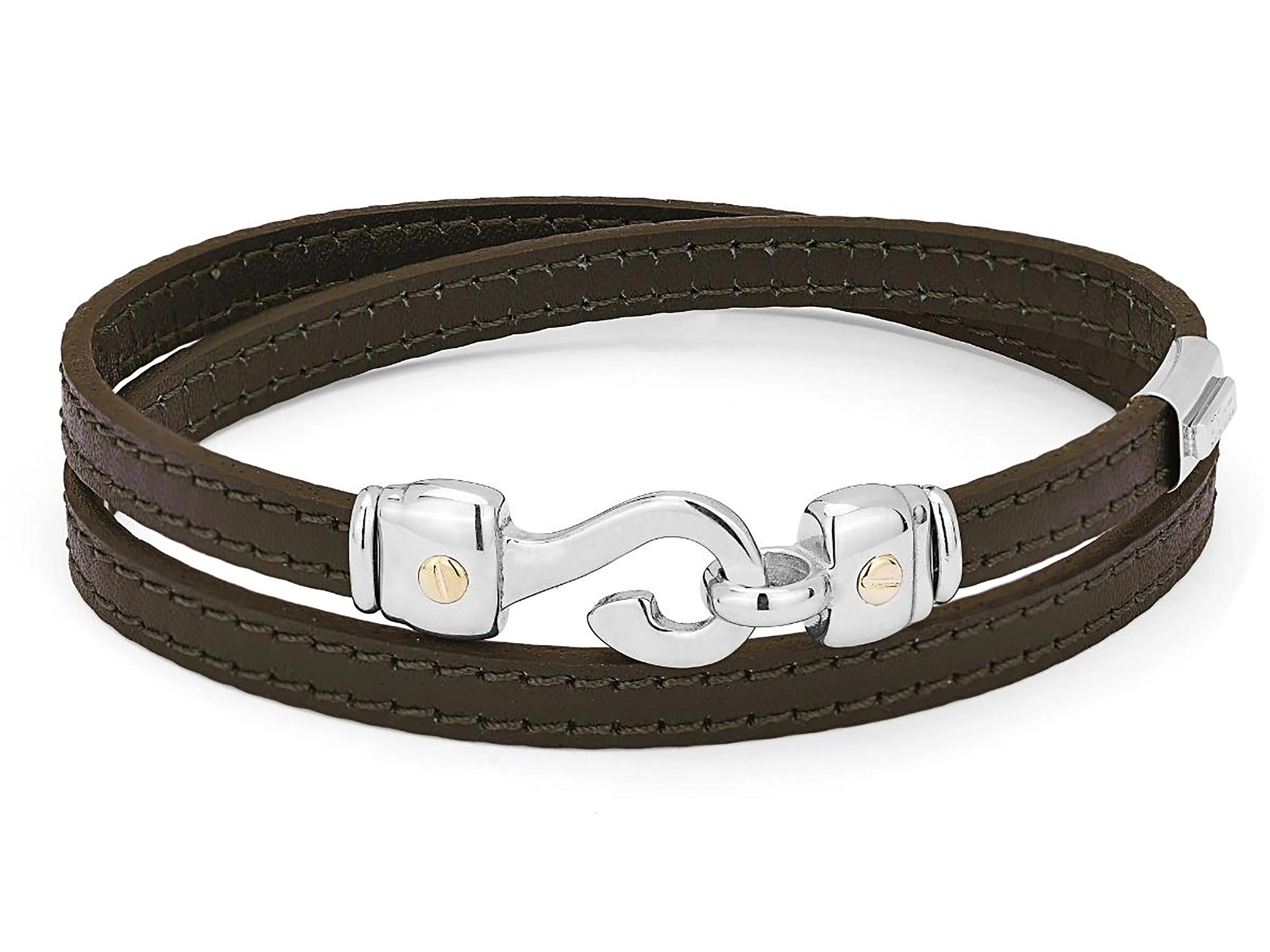 Brown leather bracelet with stainless steel hook and screws in 18Kt gold