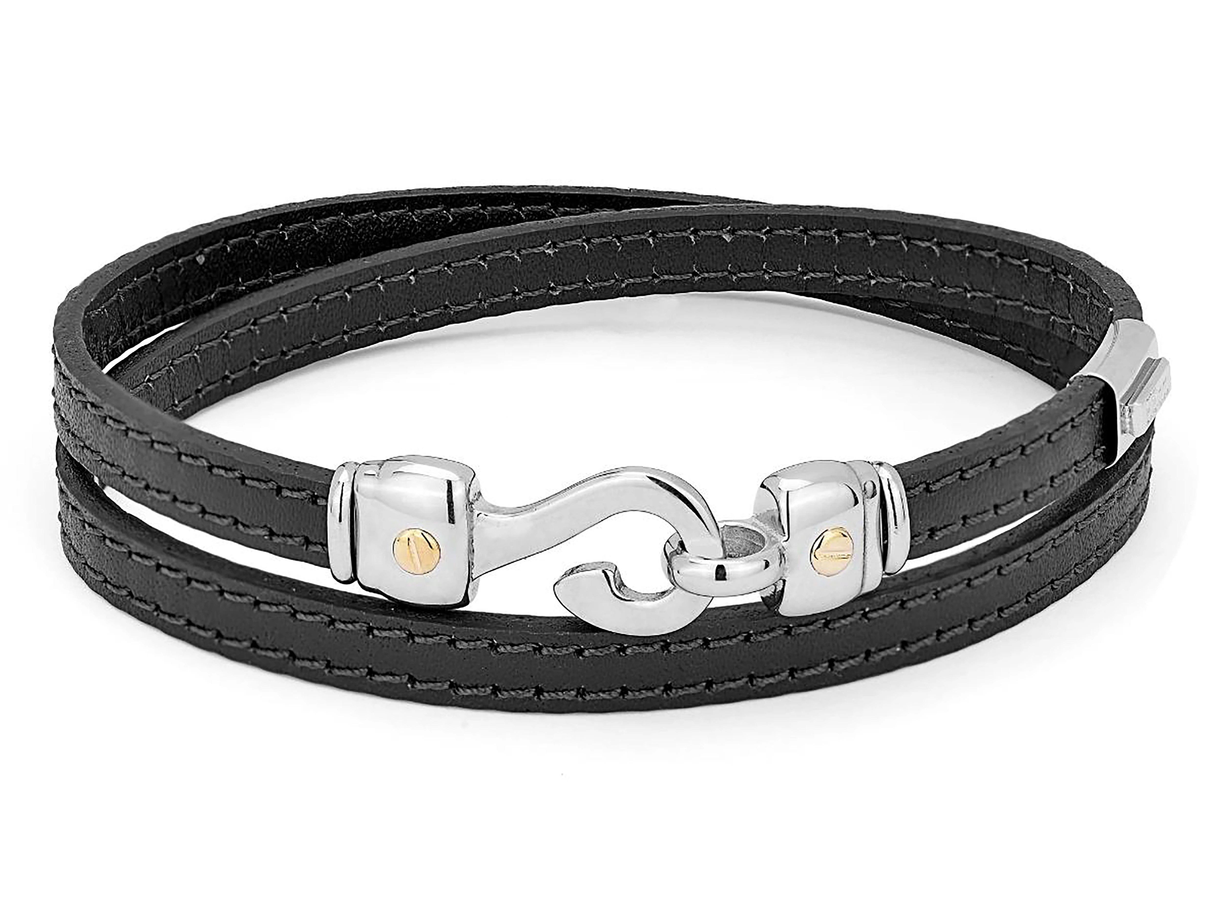 Black leather bracelet with stainless steel hook and screws in 18Kt gold