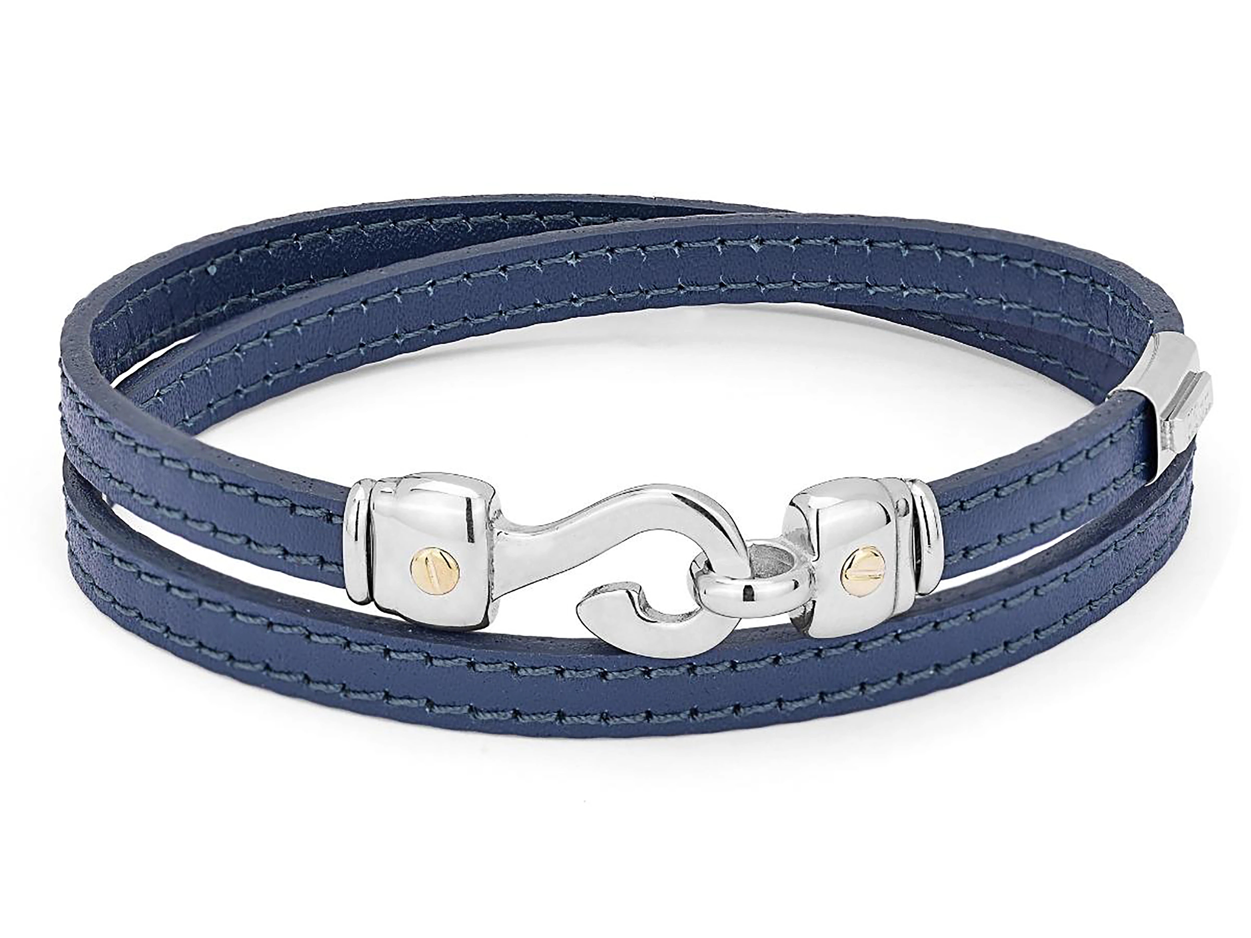 Blue leather bracelet with stainless steel hook and screws in 18Kt gold