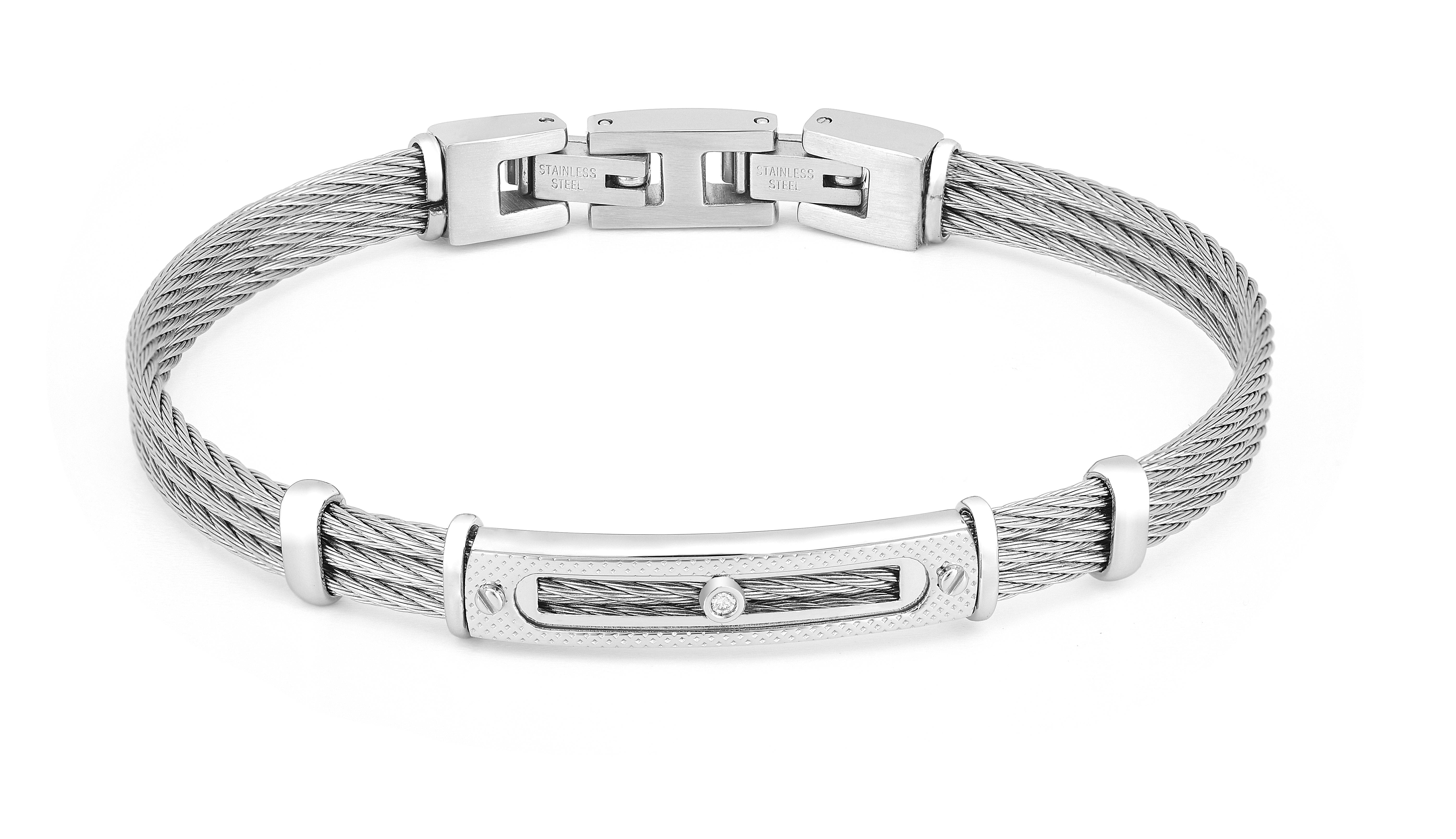 Cable bracelet in stainless steel with knurled plate and Natural Diamond 0.015 ct