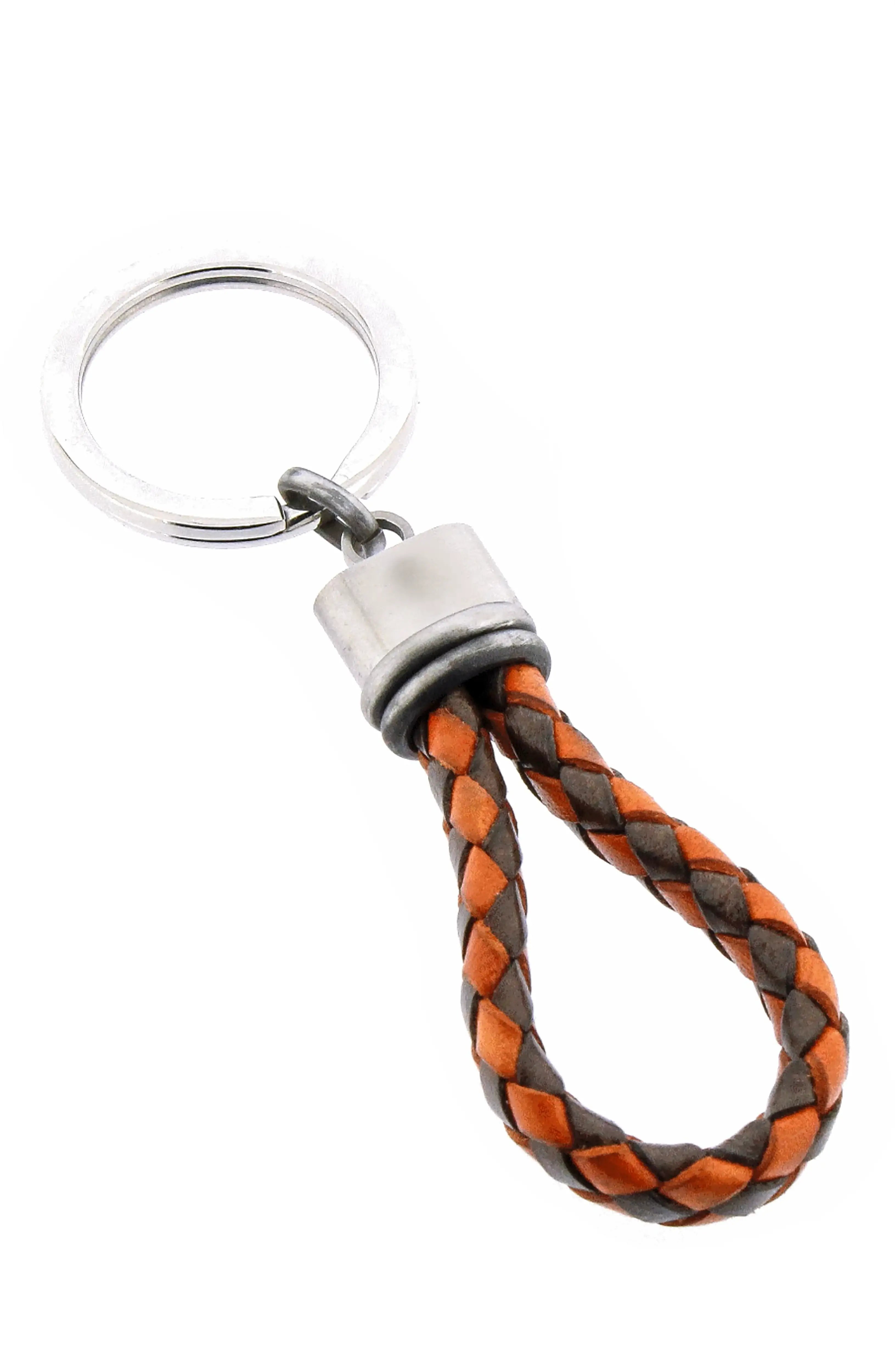 Stainless steel keyring with brown/orange braided leather and vintage steel