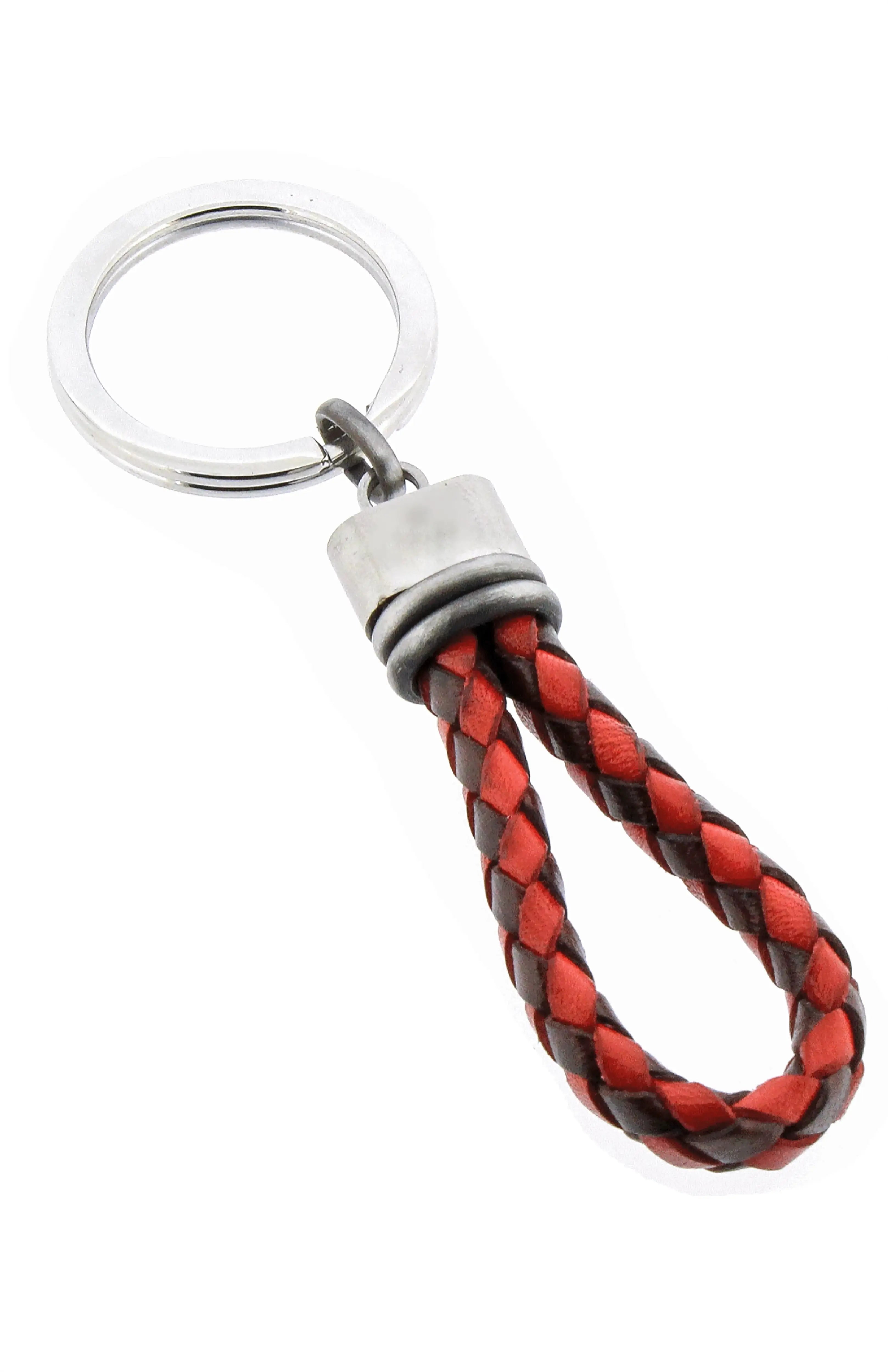 Stainless steel keyring with brown/red braided leather and vintage steel