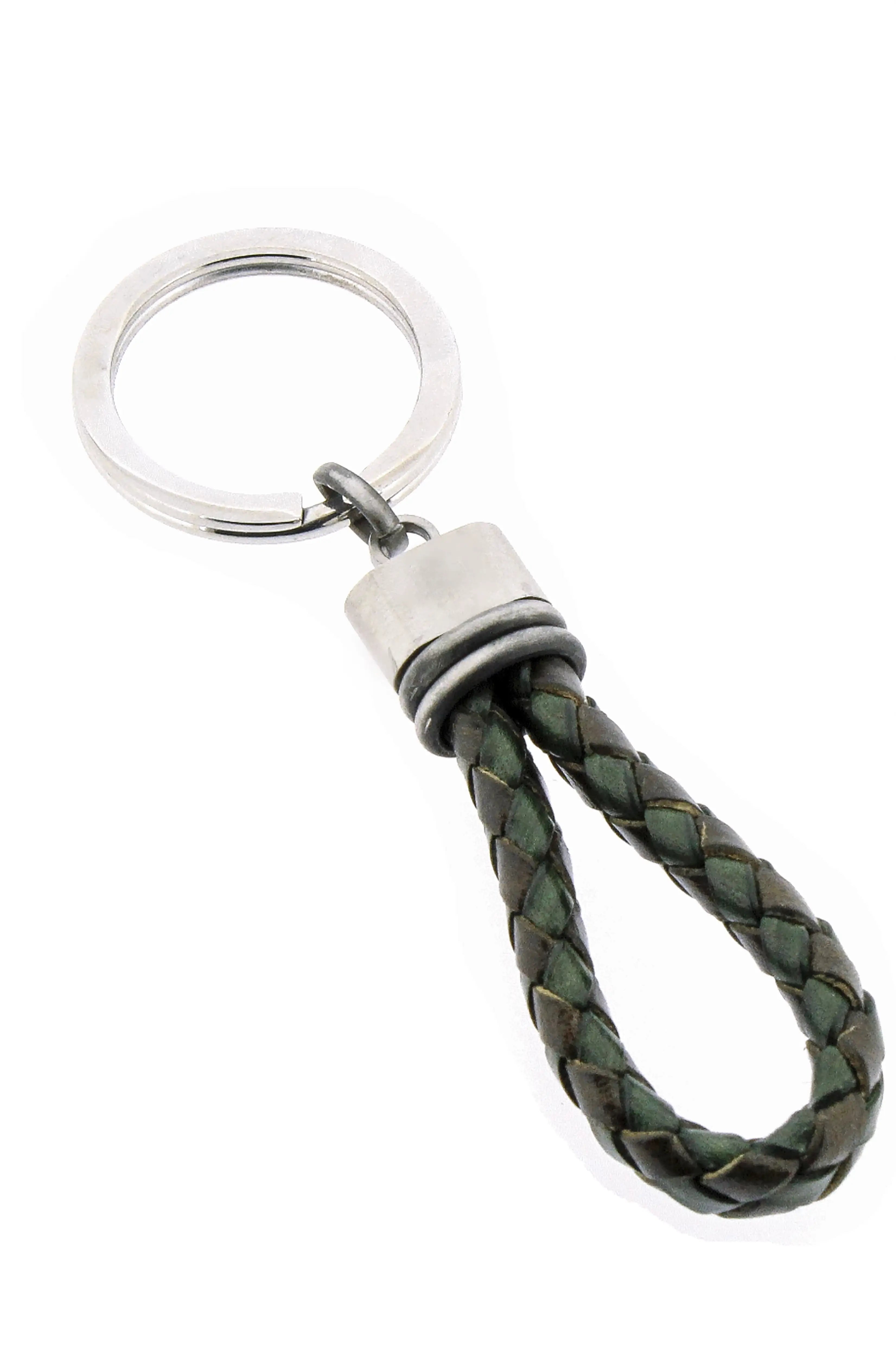 Stainless steel keyring with brown/military green braided leather and steel vintage