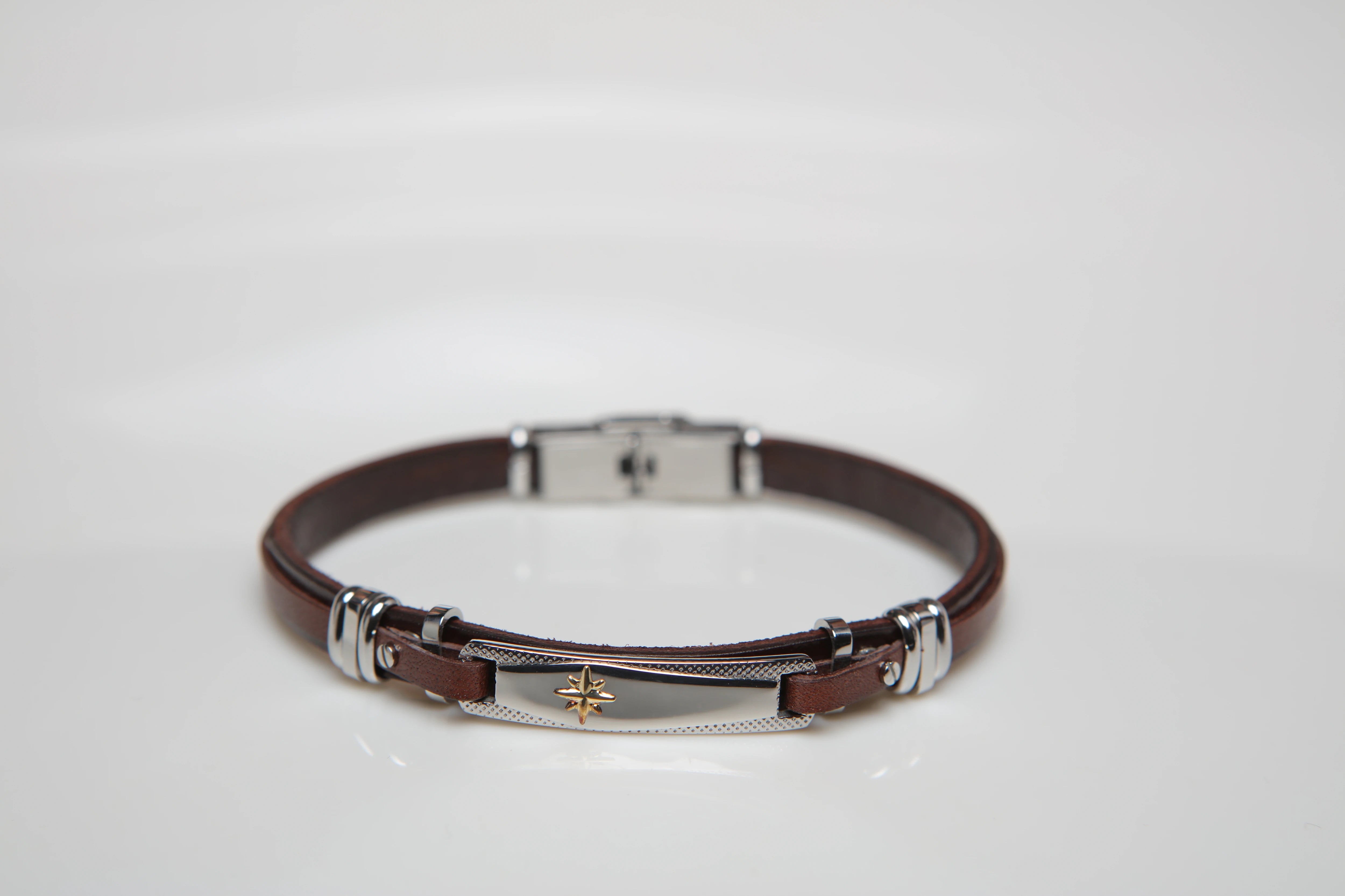 Stainless steel and brown leather bracelet with wind rose gold