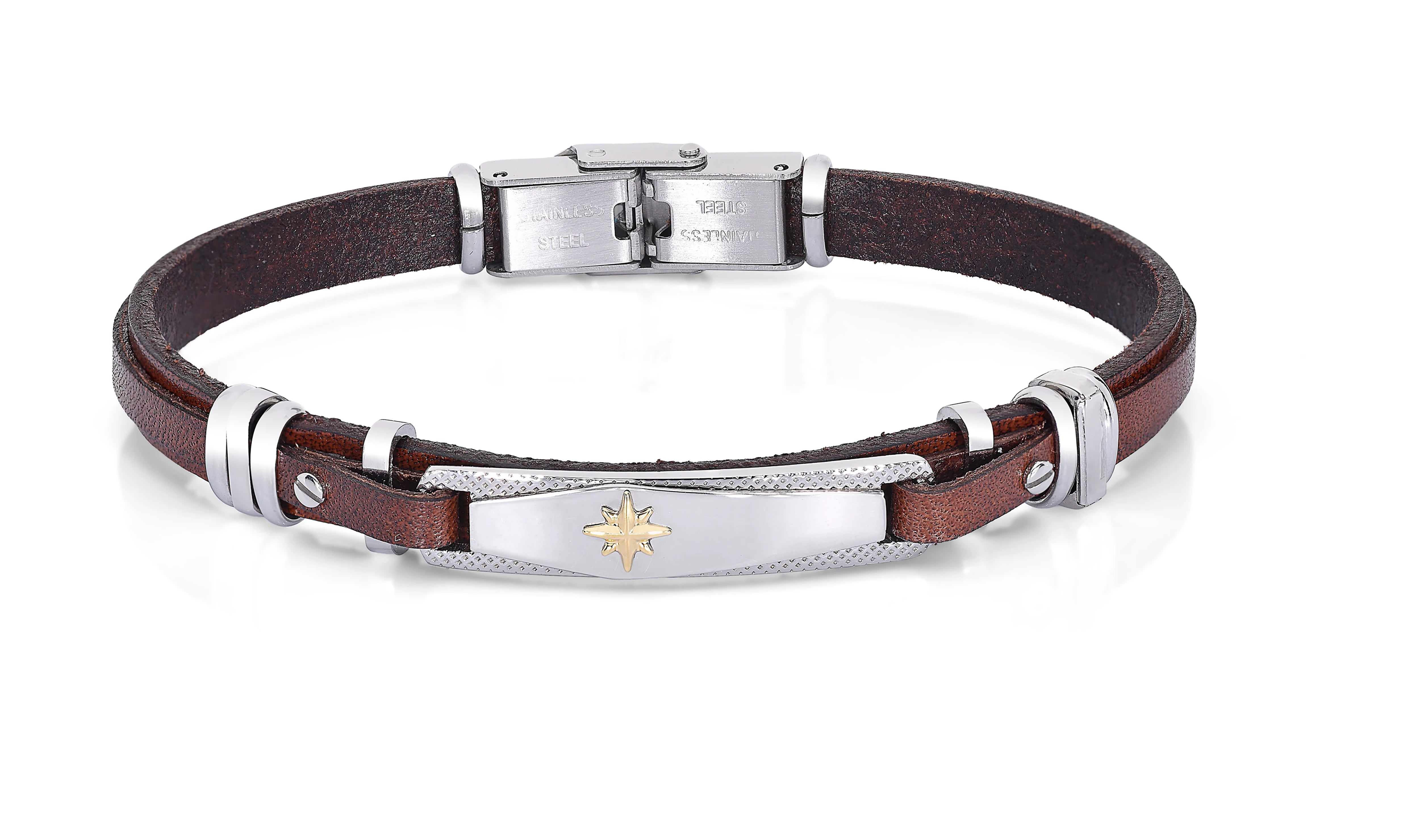 Stainless steel and brown leather bracelet with wind rose gold