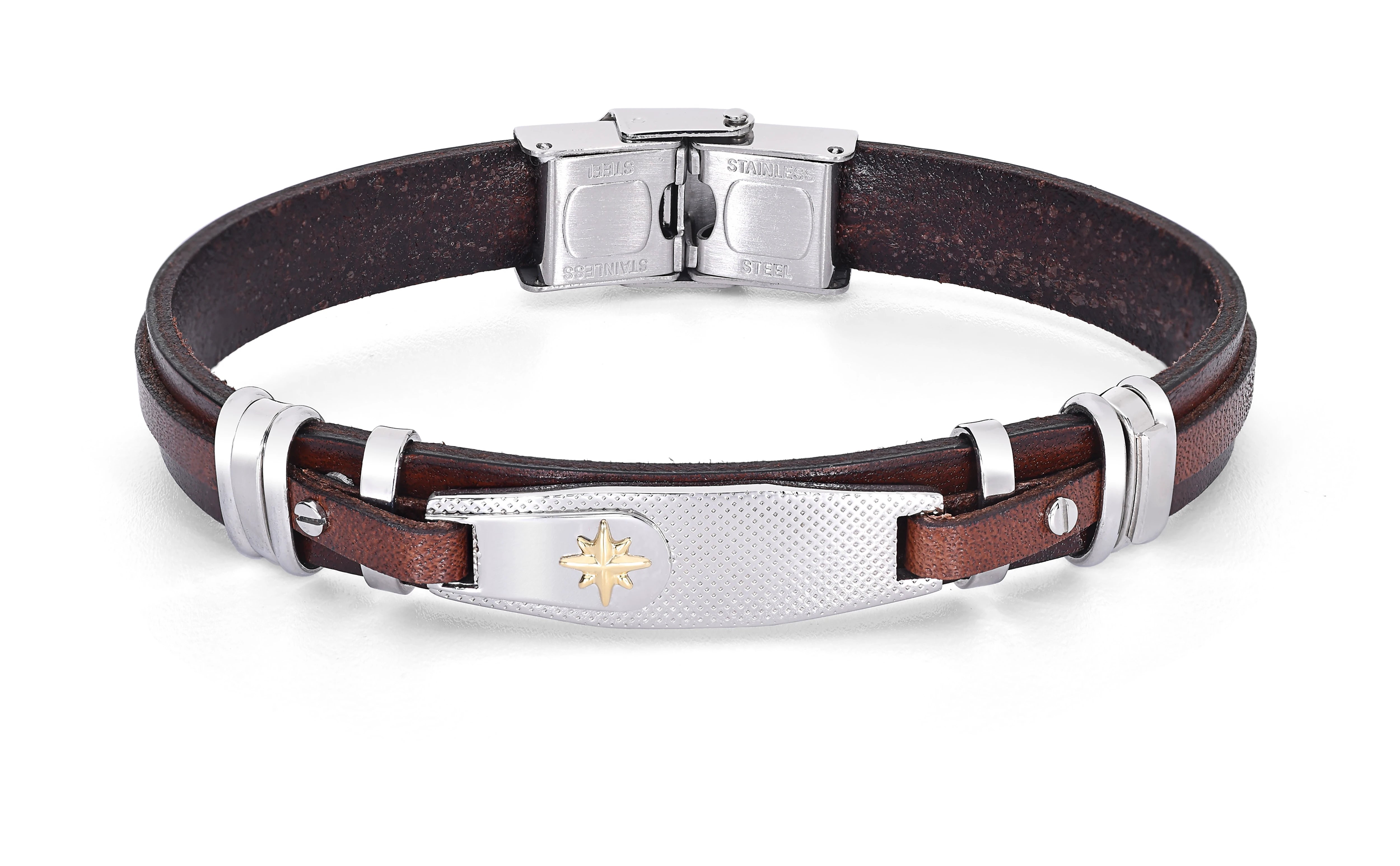 Stainless steel and brown leather bracelet with wind rose gold