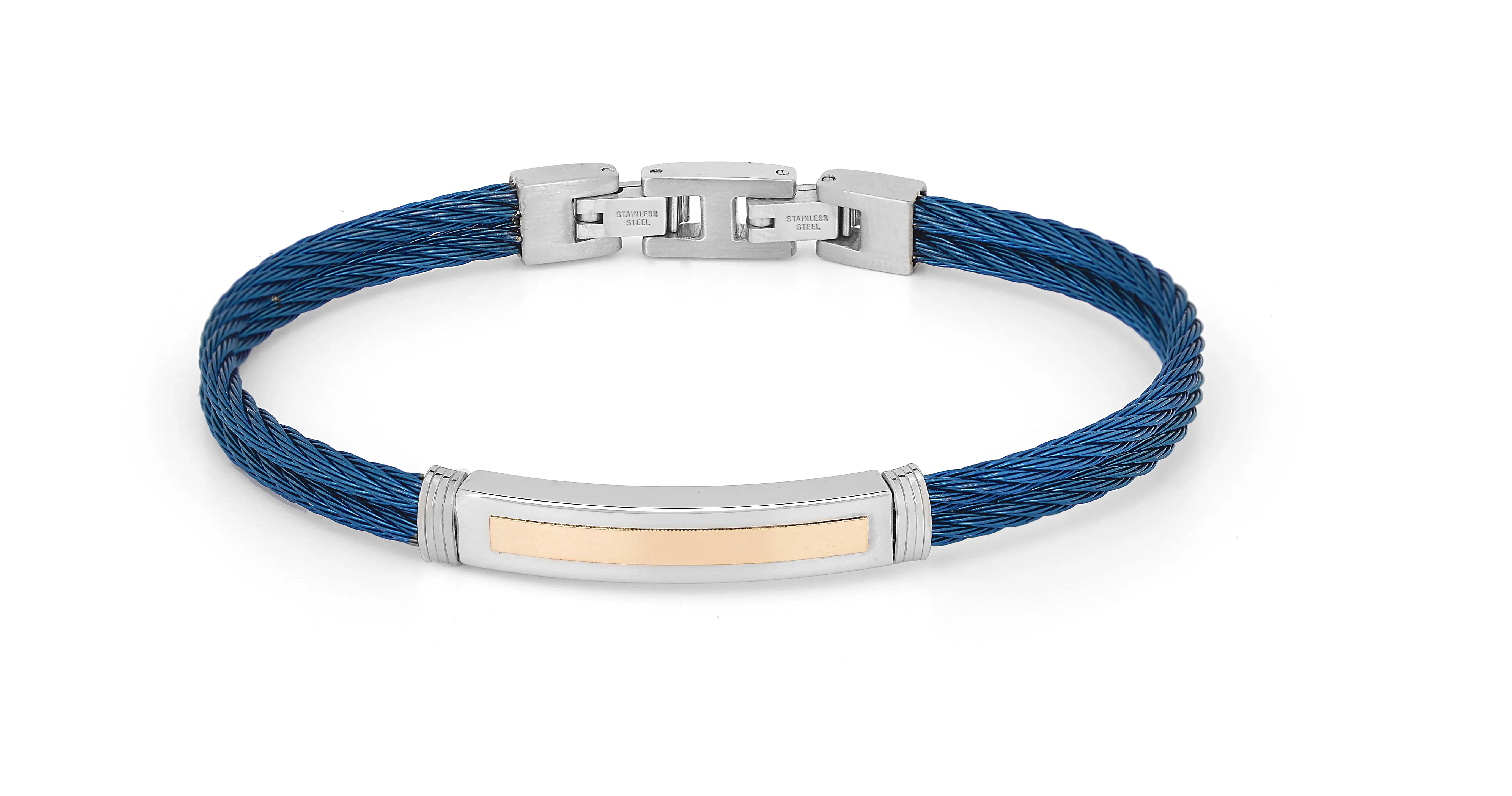 Stainless steel cable bracelet in blue PVD and 18 kt rose gold plate (gr 0.20)